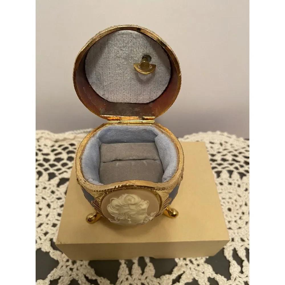 Vintage Carved Cameo Faberge Hinged Trinket Box Music Box Ring Holder Blue/Peach